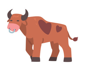 Brown Spotted Bull with Horns and Ring in the Nose in Standing Pose Vector Illustration