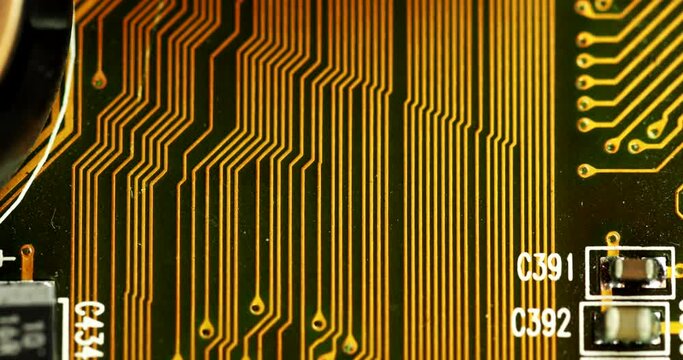 Close Up Of A Computer Hardware Circuit Board. Green PCB Macro.