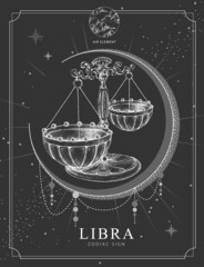 Modern magic witchcraft card with astrology Libra zodiac sign. Realistic hand drawing scales illustration
