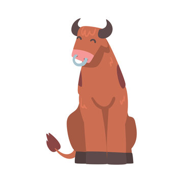 Brown Spotted Bull with Horns and Ring in the Nose in Sitting Pose Vector Illustration