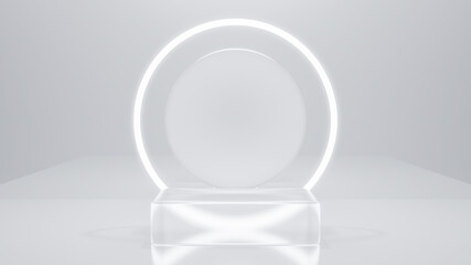 Product display and Pedestal for display concept.Blank product stand with geometrical form on white color background for new product,banner,sale,cosmetic,presentation.with copy space.3D render