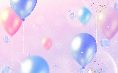 Pink Blue and transparent balloons on pastel color background with translucent rainbow bubbles. Festive background with helium balloons.  Celebrate a birthday, Poster, banner happy anniversary.