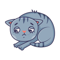 Funny Blue Cat with Striped Tail Having Guilty Look Bending Head Vector Illustration