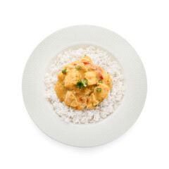 Plate of tasty chicken curry with rice on white background