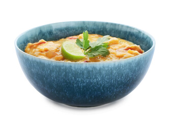 Bowl of tasty chicken curry on white background