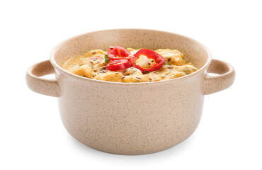 Pot of tasty chicken curry on white background