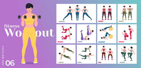 Women Workout Set. Women doing fitness and yoga exercises. 