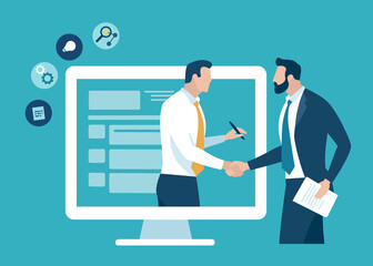 Agreement. Cooperation. Signing document over internet. Distance working. Business people shaking hand over network. Business vector illustration.