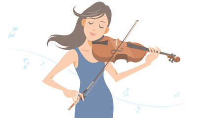 Female violin player performing on isolated white background. Vector illustration in flat cartoon style.