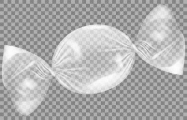 Candy sachet wrap mockup. Transparent plastic candy wrap flat vector illlustration. Plastic packaging isolated on transparent background. Polyethylene packaging for storing and carrying sweets