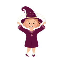 Happy Girl Witch in Purple Dress and Pointed Hat Casting Spell Practising Witchcraft and Doing Magic Vector Illustration