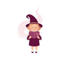 Happy Girl Witch in Purple Dress and Pointed Hat Holding Spellbook Practising Witchcraft and Doing Magic Vector Illustration