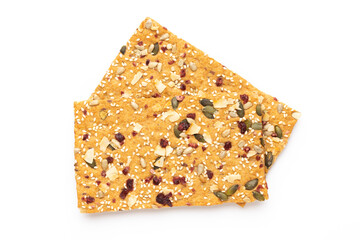 Rye bread slice on a white background.
