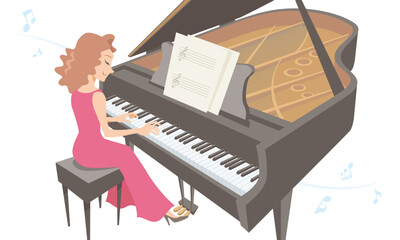 Female piano player performing on isolated white background. Vector illustration in flat cartoon style.