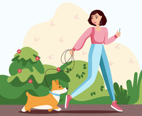 Concept illustration of girl walking with corgi in the park, illustration in a flat style isolated on abstract yellow background. Vector illustration