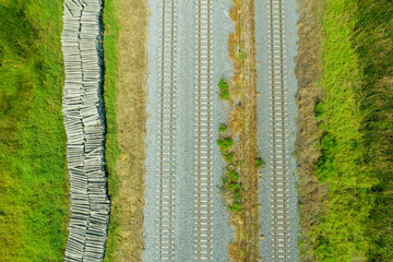 Aerial view from flying drone of railroad tracks
