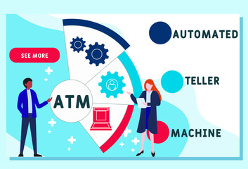 Vector website design template . ATM - Automated Teller Machine acronym. business concept. illustration for website banner, marketing materials, business presentation, online advertising.