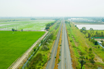 Aerial view from flying drone of railroad tracks
