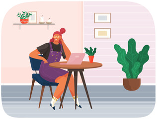 Fototapeta premium Office woman at desk with tablet pc. Businesswoman or clerk working at her table, student studying remotely. Smiling girl manager office worker enterpreneur performs work on computer, freelancer
