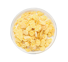 Bowl with tasty cornflakes and milk on white background