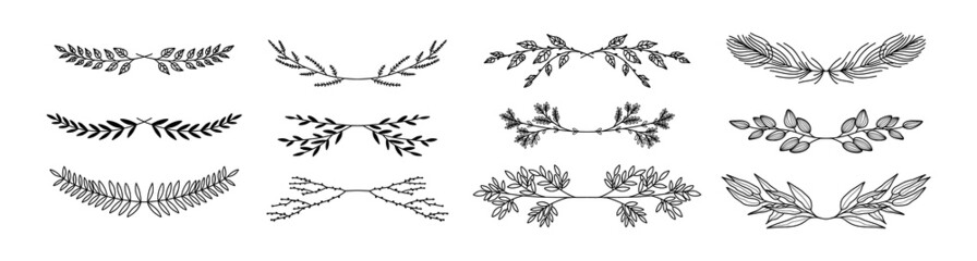 Floral dividers collection, hand drawn border lines with branches and leaves. Vector vintage decorative elements for books, greeting cards, invitations, web