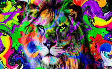 Fototapeta na wymiar colorful artistic lion muzzle with bright paint splatters on dark background.