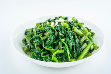 Garlic convolvulus in a dish on white background