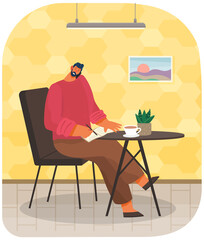 Man sitting and working in coffee house alone. Guy have telephone call and noting thoughts in notebook. Cup of coffee and houseplant on table. Person works, speaks on smartphone and takes notes
