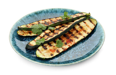 Plate with tasty grilled zucchini on white background