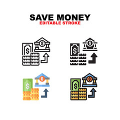 Save Money icon symbol set of outline, solid, flat and filled outline style. Isolated on white background. Editable stroke vector icon.