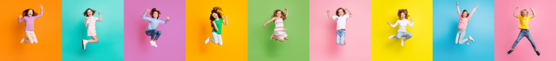 Collage photo of diversity racefriendly little kids boys girls jumping up win shopping discounts...