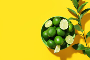Bowl with tasty limes on color background