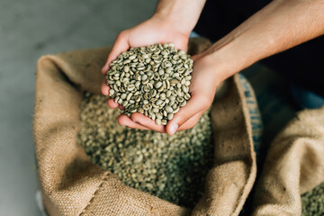 Hands of man showing sack full of green coffee beans at factory