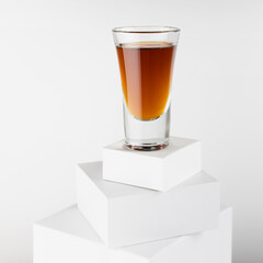 Brown old cognac in shot glass on stack of white boxes as podium in soft light white abstract space, luxury minimal geometric style, square.