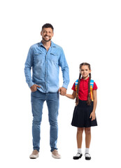 Little schoolgirl with her father on white background