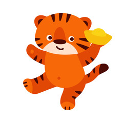 Cute little tiger with golden ingot. Vector illustration in cartoon style. Isolated on a white background.