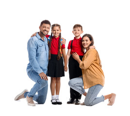 Fototapeta premium Little schoolchildren with their parents on white background