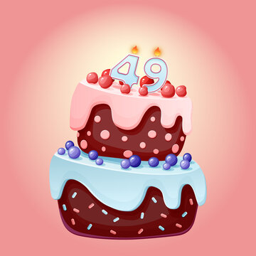 Forty nine years birthday cake with candles number 49. Cute cartoon festive vector image. Chocolate biscuit with berries, cherries and blueberries. Happy Birthday illustration for parties