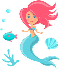Obraz na płótnie Canvas Underwater life of mermaid, blue fish, sea horse, coral and seaweed in ocean. Marine fairytale characters on white background. Girl with mermaid tail and long hair, cartoon water nymph,