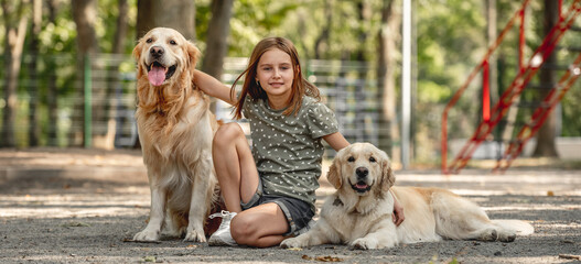 Girl with golden retriever dogs
