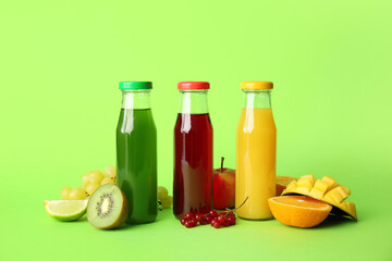Different healthy juice on color background