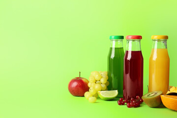 Different healthy juice on color background