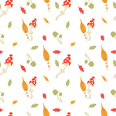 Autumn mushrooms with colorful leaves. Seamless illustration with amanita and toadstools. Fabric, background or wallpaper.