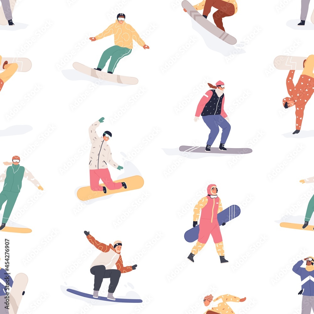 Poster seamless pattern with happy snowboarders on white background. endless texture with different people 