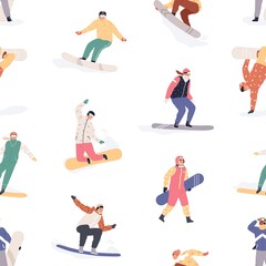 Fototapeta na wymiar Seamless pattern with happy snowboarders on white background. Endless texture with different people riding snowboards in winter. Repeating design with human on boards. Colored flat vector illustration