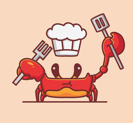 cute crab holding a spatula chef hat. cartoon animal food concept Isolated illustration. Flat Style suitable for Sticker Icon Design Premium Logo vector. Mascot Character