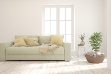 Soft color living room with sofa. Scandinavian interior design. 3D illustration