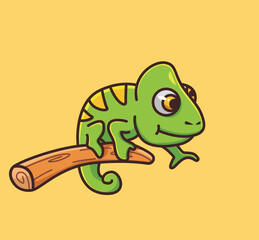 cute baby chameleon stay on tree branch. cartoon animal nature concept Isolated illustration. Flat Style suitable for Sticker Icon Design Premium Logo vector. Mascot Character