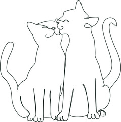 Cute cats are caressing. Kiss the seals. Vector line art illustration.