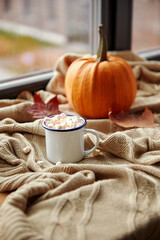 Fototapeta na wymiar season, leisure and objects concept - camp mug of marshmallow and pumpkin on window sill in autumn